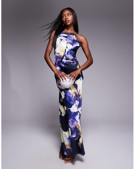 ASOS Blue Satin Chiffon Mix Square High Neck Maxi Dress
