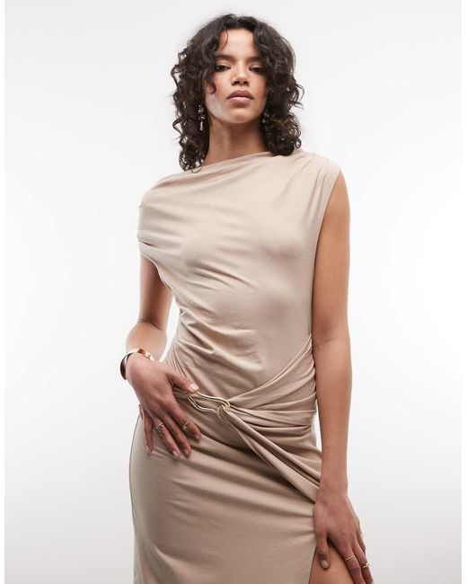 & Other Stories Natural Draped Jersey Maxi Dress With Boat Neck And Buckle Detail
