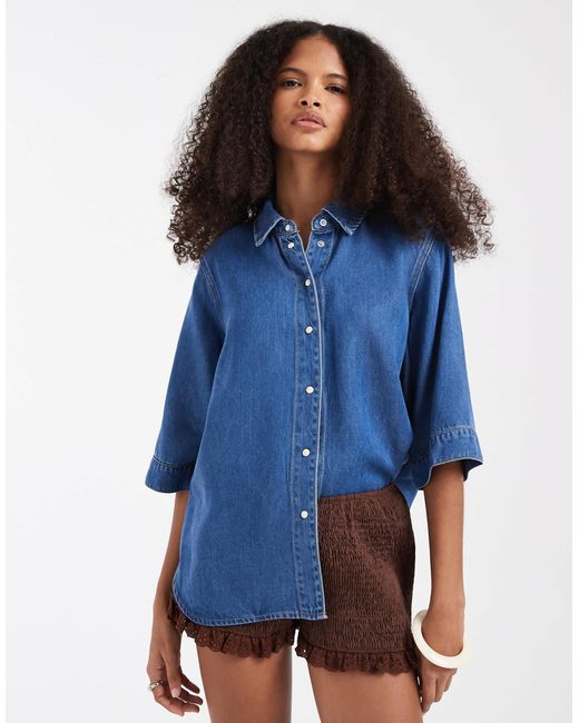Object Blue Button Down 2/4 Sleeve Top