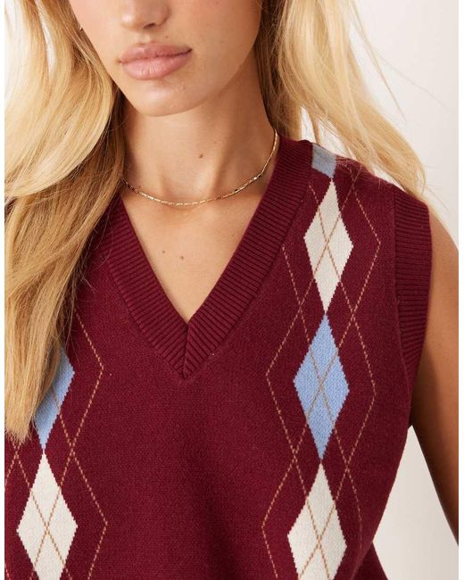 ASOS Red Fine Knit Button Down Tank With Argyle Pattern