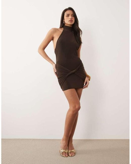 Missy Empire Brown Double Sculpted Slinky High Neck Twist Front Mini Dress