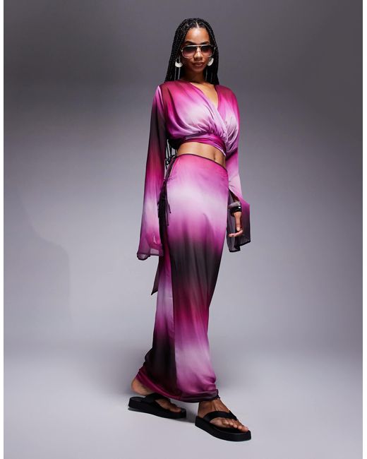 Aria Cove Purple Chiffon Wrap Split Sleeve Beach Top Co-ord