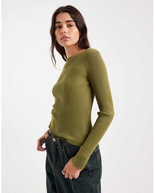 Miss Selfridge Green Knit Rib Slash Neck Long Sleeve Top