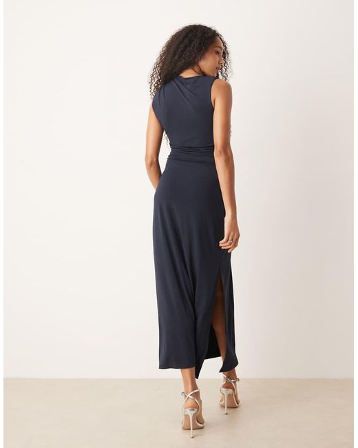 Mango Blue Slinky Maxi Dress With Twist Shoulder And Hardware Detail