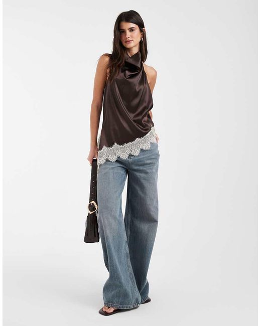Noisy May Brown Halterneck Satin Top With Lace Details