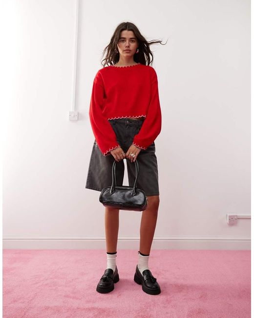 Miss Selfridge Gebreide Trui Met Festonsteek in het Red