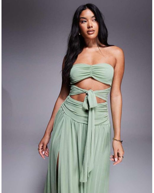 Aria Cove Green Mesh Bandeau Cut Out Tie Waist Thigh Slit Maxi Dress