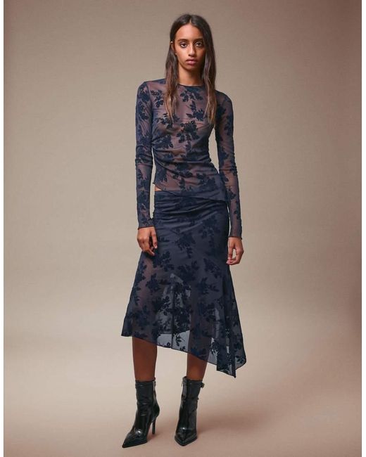 Bershka Blue Long Sleeve Asymmetric Tulle T-shirt