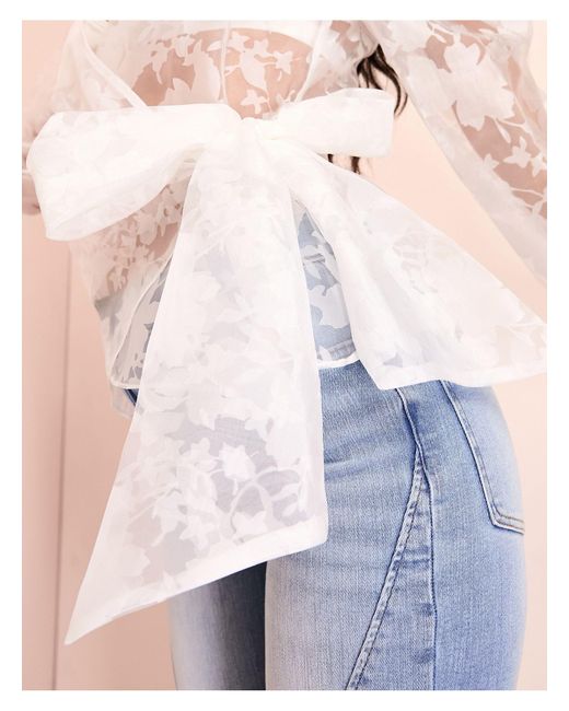 ASOS Blue Sheer Organza Floral Wrap Blouse With Tie Detail