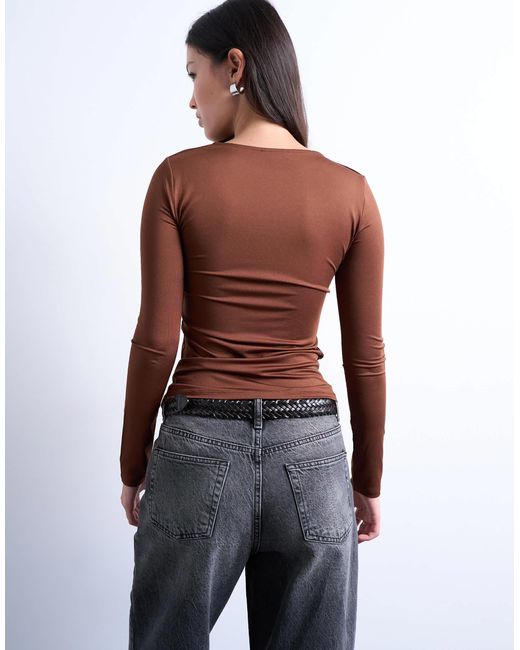 TOPSHOP Brown Slinky Crew Neck Long Sleeve Top
