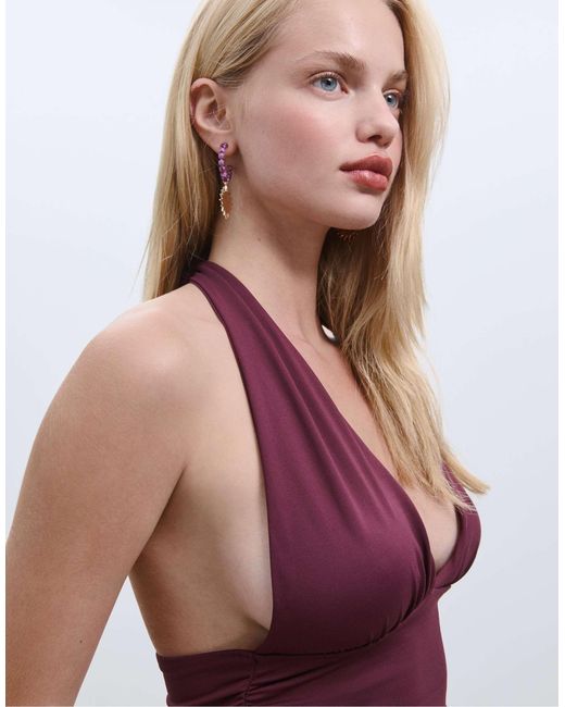 Stradivarius Purple – gerafftes neckholder-oberteil