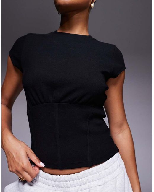 ASOS Black Fine Rib Short Sleeve Top With Corset Waist
