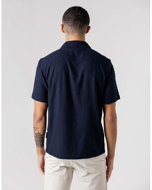 French Connection Blue Linen Blend Short Sleeve Revere Collar Shirt for men
