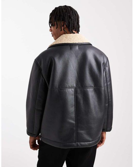 Chaqueta De Aviador Negra De Cuero Sintético Con Forro De Borreguito De ASOS de hombre de color Black