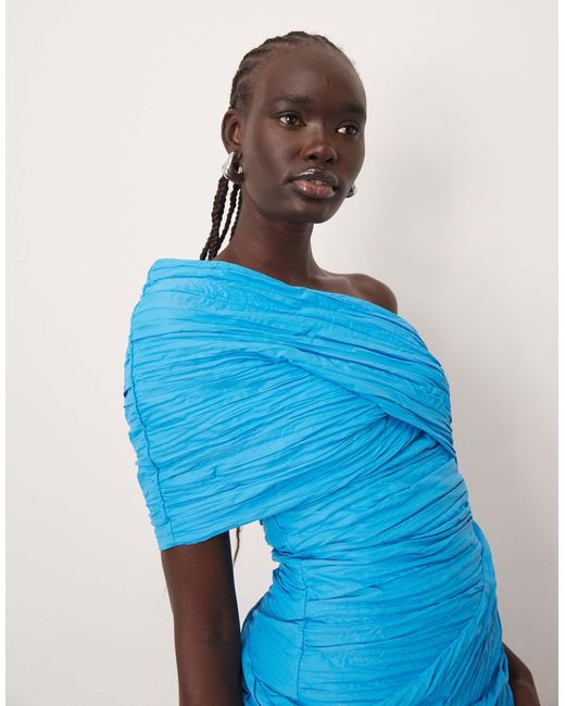 ARRANGE Blue One Shoulder Structured Drape Maxi Dress