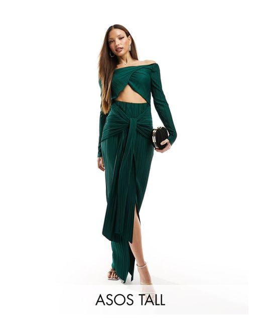 ASOS Green Asos Design Tall Plisse Bardot Twist Front Midi Dress