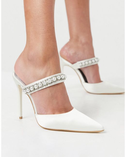 Truffle Collection White Bridal Heeled Mules With Pearl Embellishment