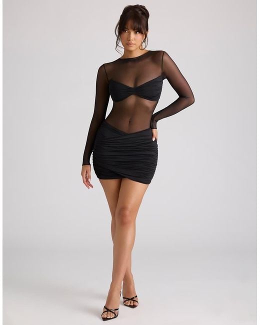 Oh Polly Black Sheer Long Sleeve Panelled Mini Dress