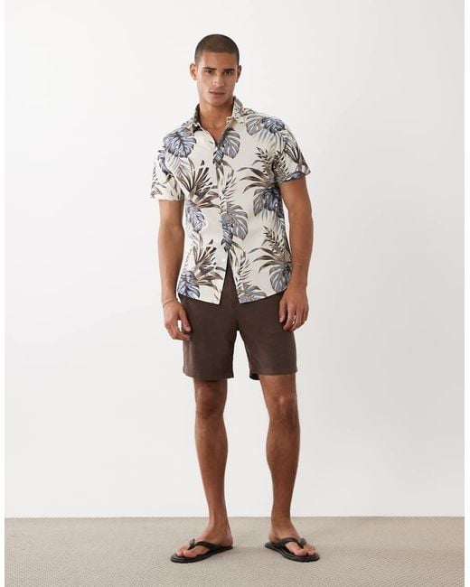 Threadbare White Short Sleeve Shirt With Palm Print for men