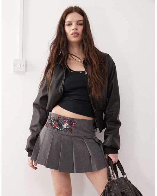 Ed Hardy Gray Skull And Panther Pleated Mini Skort