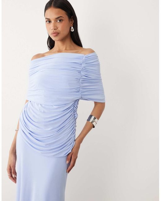 asos blue off shoulder dress ASOS DESIGN ruffle off shoulder tiered maxi dress in mid blue