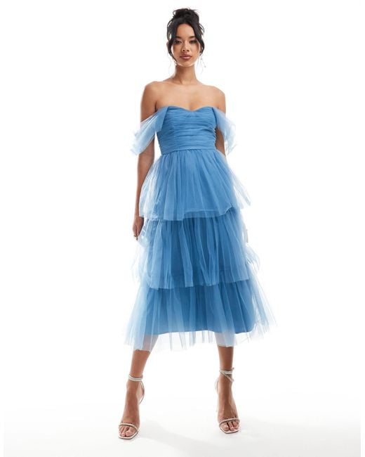 LACE & BEADS Ruched Tulle Tiered Midi Dress in Blue | Lyst LACE & BEADS Ruched Tulle Tiered Midi Dress in Blue | Lyst