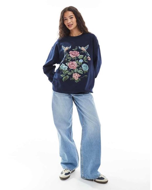 Felpa Oversize Con Ricamo Floreale Stile Arazzo di Miss Selfridge in Blue