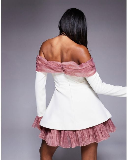 ASOS Red Bardot Mini Dress With Pleated Dobby Organza