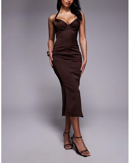 Oh Polly Purple Fuller Bust Underwired Halter Neck Satin Midaxi Dress