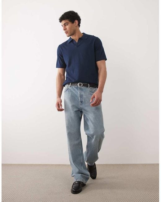 ASOS Blue Essential Relaxed Fine-Knit Notch Polo for men