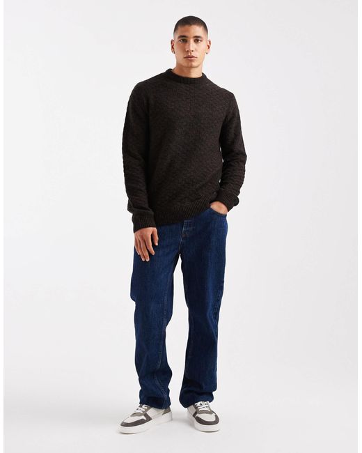 Threadbare Black Crew Neck Textured Knit Sweater for men