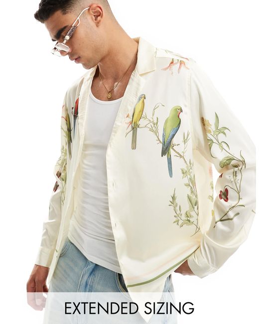 ASOS – hemd mit platziertem vogelprint und tiefem reverskragen in Natural für Herren