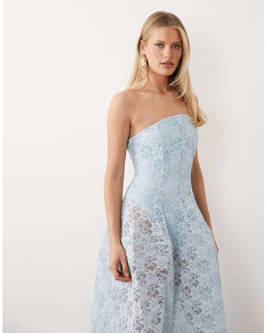 ASOS Blue Premium Bandeau Lace Maxi Dress With Full Structured Skirt