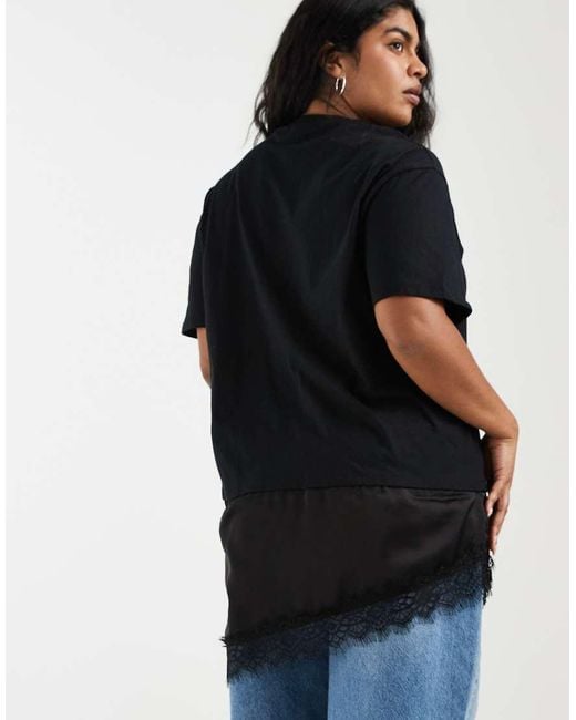 Noisy May Black Oversized Satin T-shirt With Asymm Lace Hem