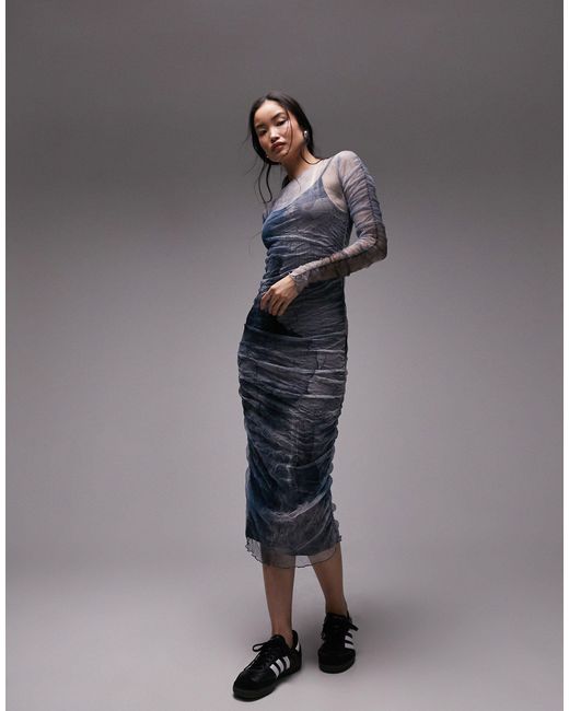 TOPSHOP Gray Crinkle Mesh Shirred Midi Dress