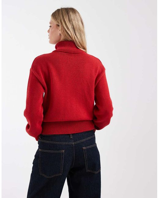 ASOS Red Knitted Cotton Blend Funnel Neck Zip Up Cardigan