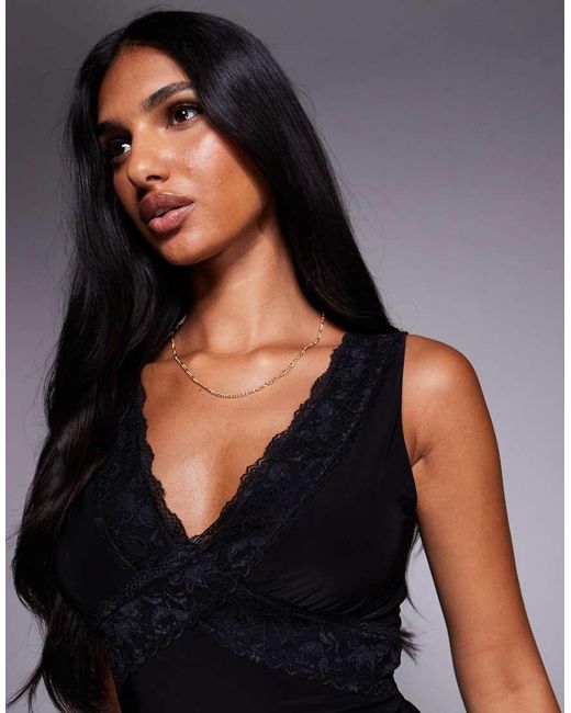 Fashionkilla Black Double-sculpted Slinky Lace Trim V-neck Mini Dress