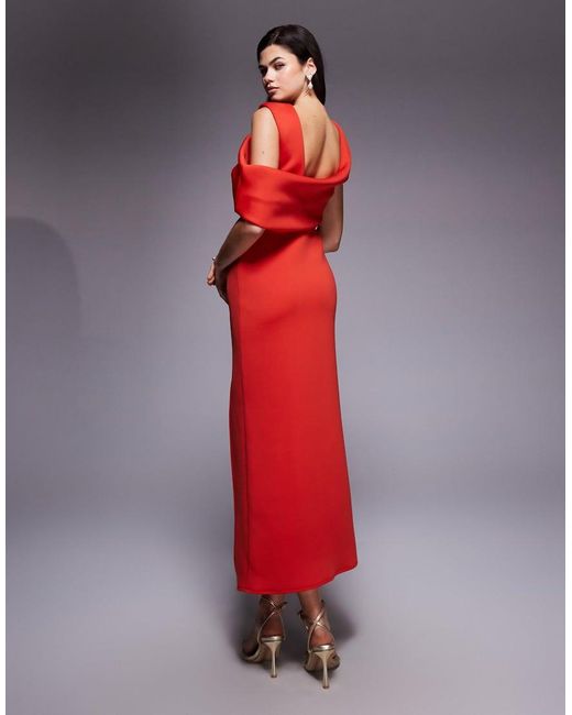 ASOS Red Drape Cut Out Shoulder Pencil Midi Dress