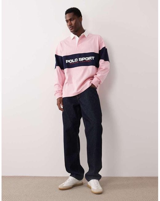 Polo Ralph Lauren Pink Sport Chest Panel Flag Logo Oversized Fit Rugby Polo for men
