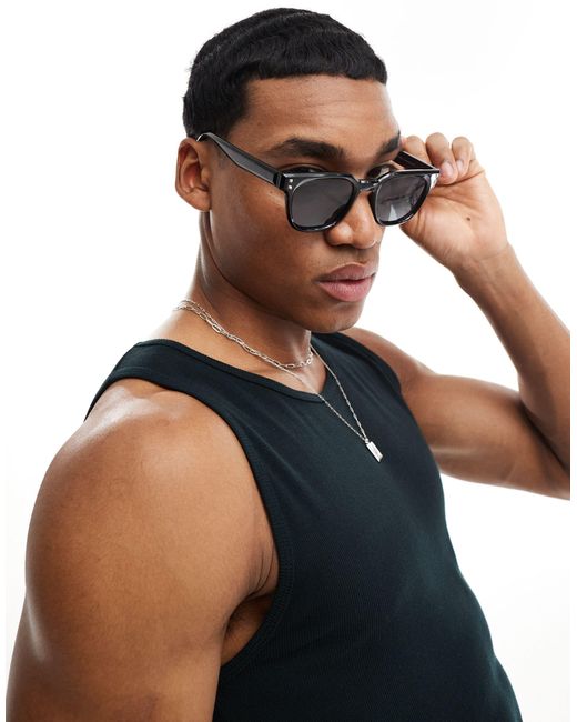 ASOS Black Square Sunglasses With Silver Pips for men
