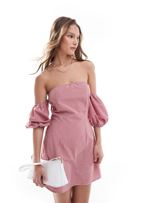 ASOS Pink Puff Sleeve Bardot Mini Dress