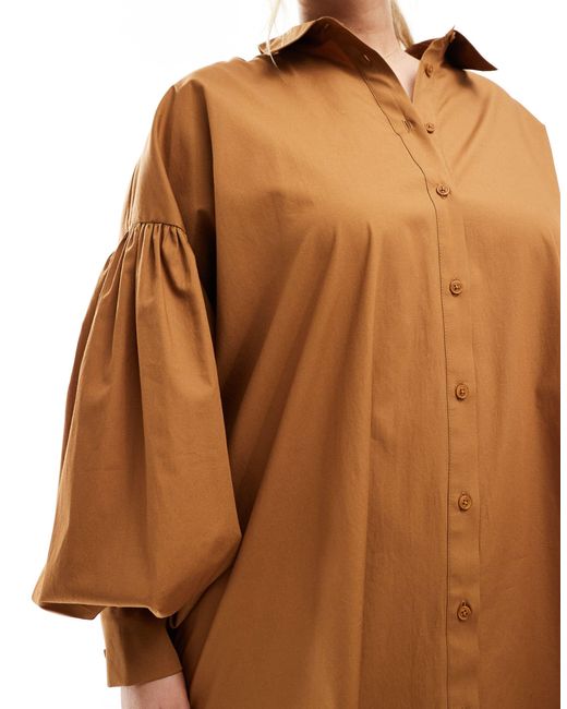 Asos design curve - ultimate - vestito camicia corto boyfriend color cuoio con maniche voluminose di ASOS in Natural