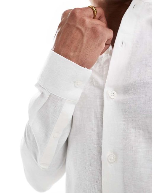 ASOS White Regular Smart Linen Shirt With Mandarin Collar for men