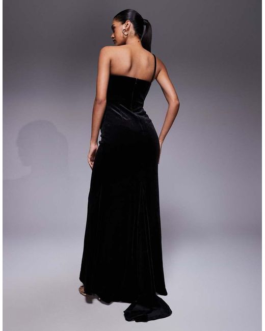 ASOS Blue Premium Velvet One Shoulder With Pleated Detail Maxi Dress With Gold Hardware