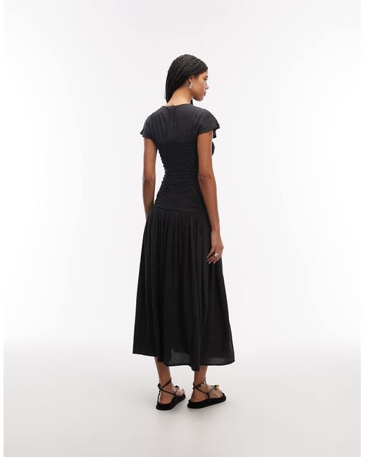 ASOS White Crew Neck Midi Dress With Popcorn Shirred Bodice