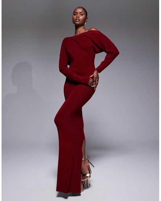 JLUXLABEL Red Night Shimmers Metallic Knit Off Shoulder Maxi Dress