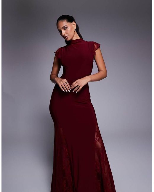 ASOS Purple High Neck Cap Sleeve Maxi Dress With Lace Insert Detailing