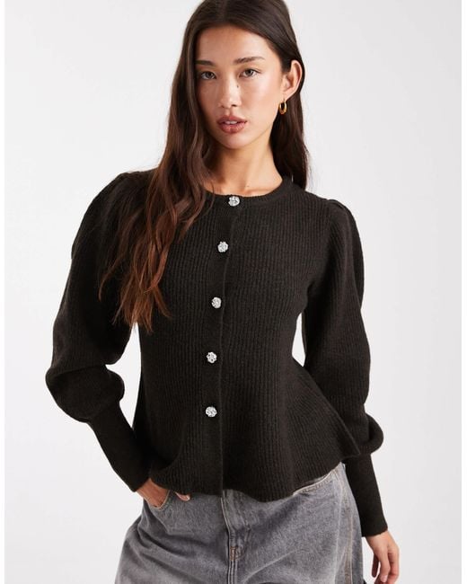Pieces Black Cinched Waist Balloon Sleeve Cardigan With Hammered Buttons