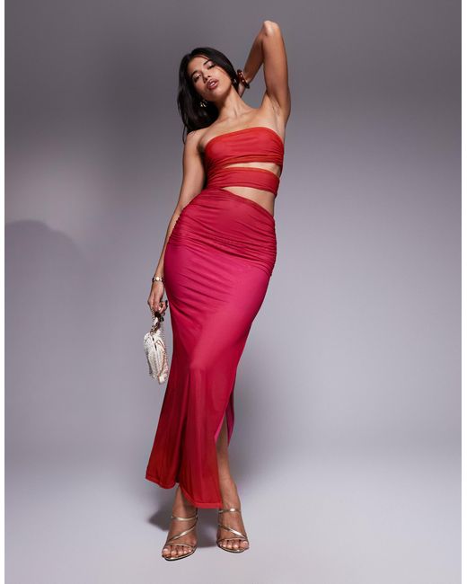 Kaiia Red – exklusives, doppellagiges, trägerloses maxikleid aus netzstoff