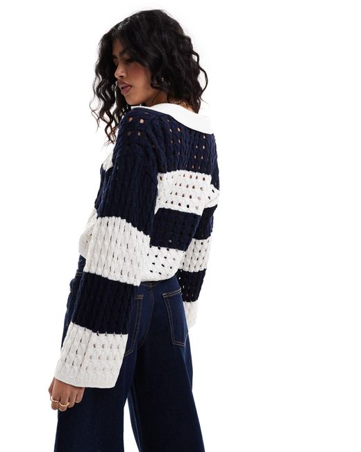 Miss Selfridge Blue Striped Open Stitch Crochet Long Sleeve Polo Jumper
